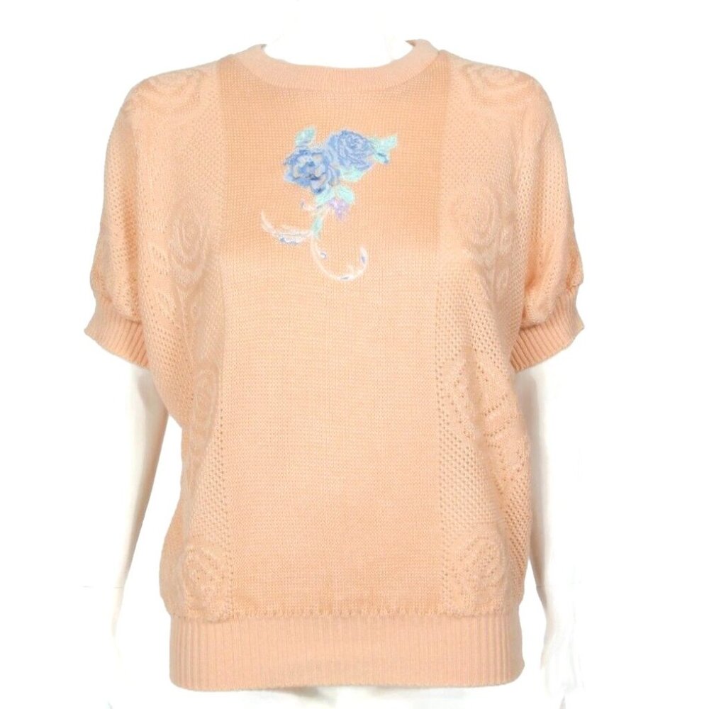Vtg 90s Bay Point Threads Woman Peach Sweater Top Floral Cottagecore sz M /949
